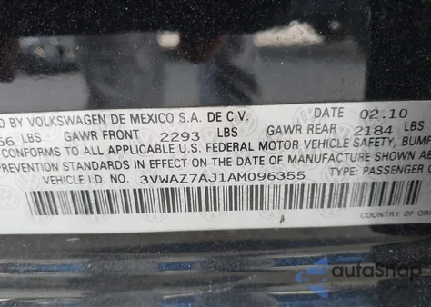 2010 Volkswagen Jetta Limited Edition z USA, uszkodzony, nr VIN 3VWAZ7AJ1AM096355